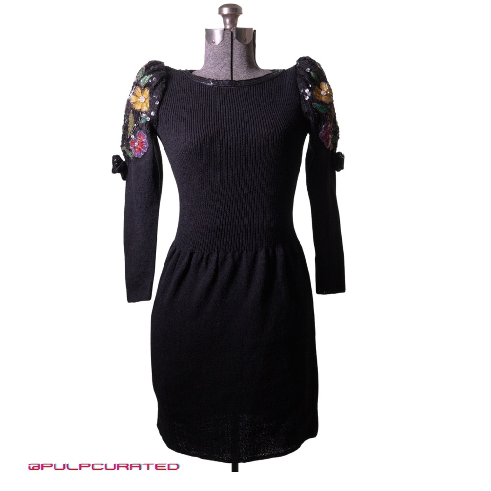 80s Cocktail Dress / Vintage Prom / Puff Sleeve / Luxury knit / Wool